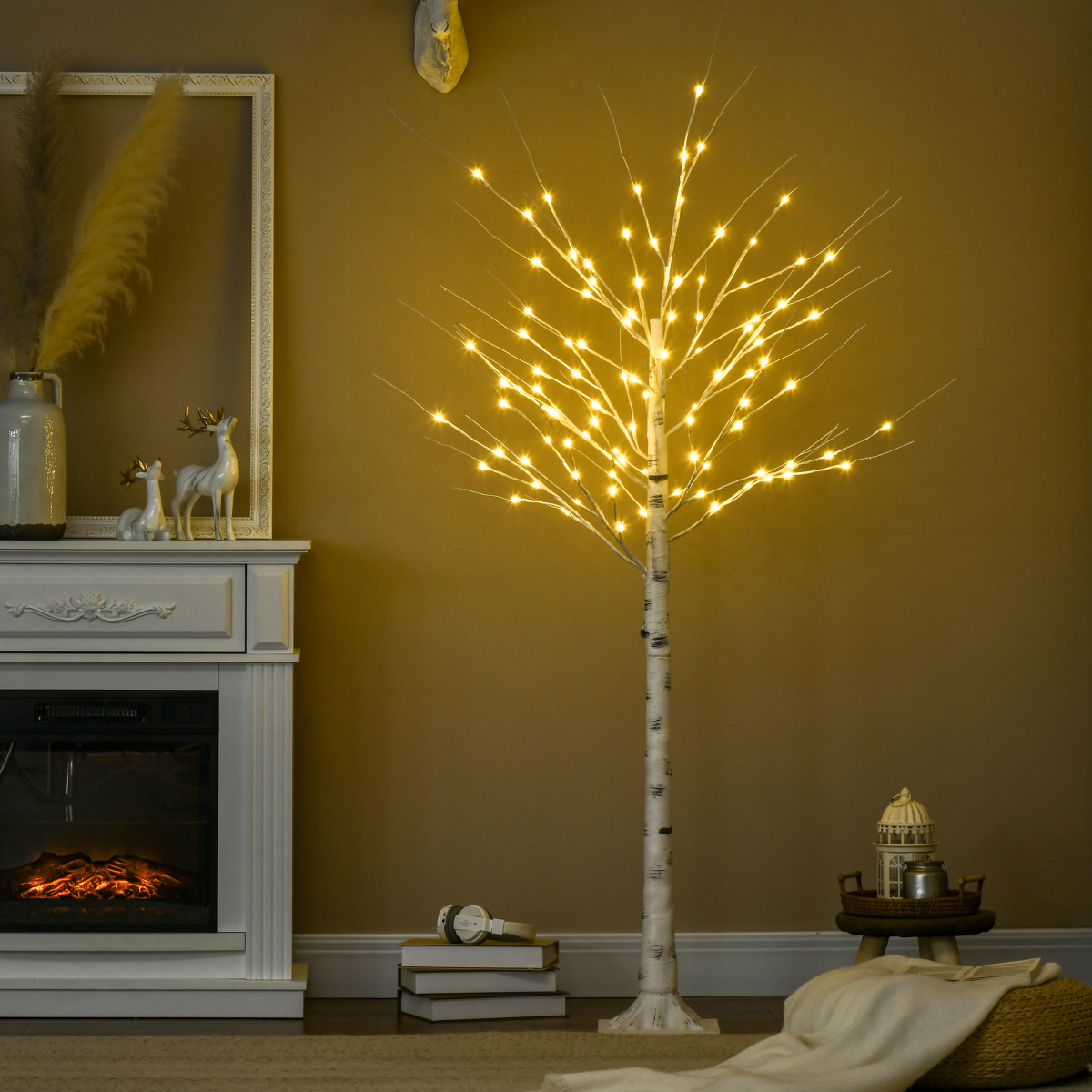 6ft Artificial White Birch Tree Light  96 Warm White Pre-Lit LED Light HOMCOM