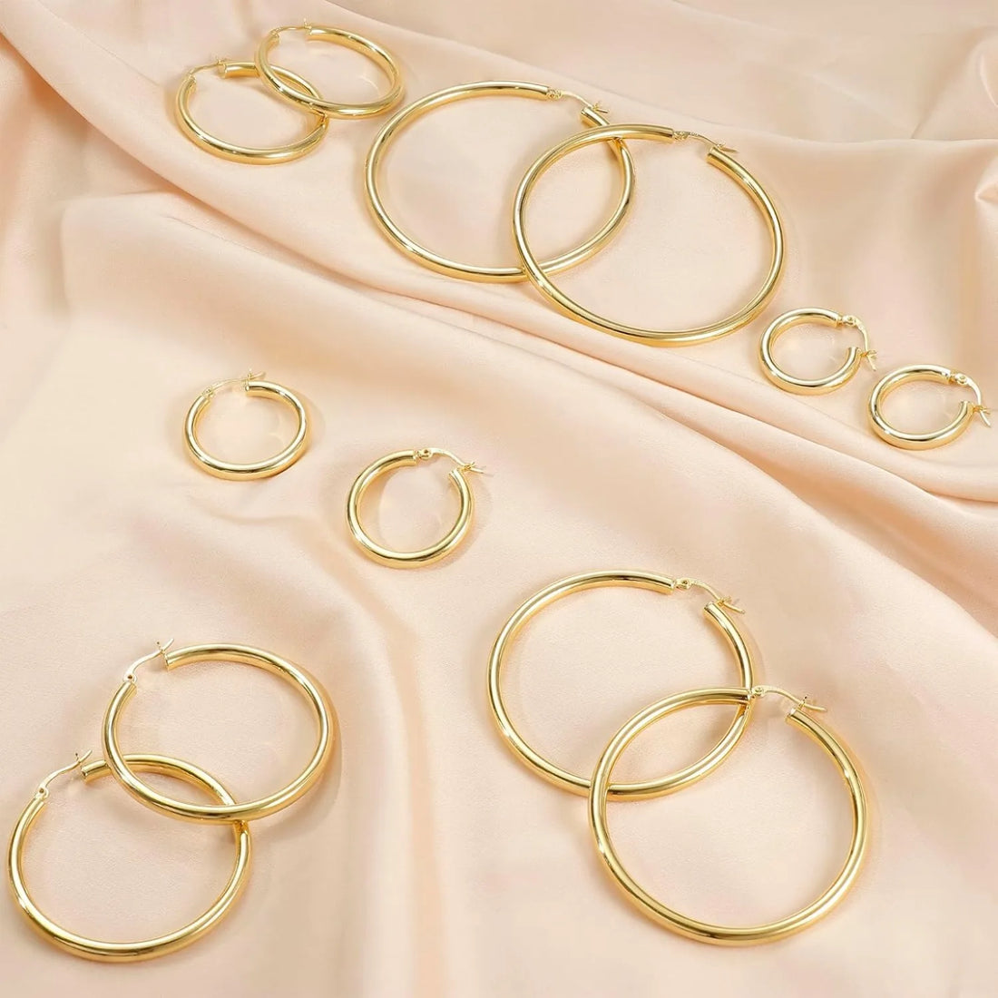 1 Pairs 14K Gold Plated Chunky Hollow Tube Hoop Earring Set with 925 Sterling Silver Posts, Hypoallergenic Lightweight 4mm Thick Large Statement Hoops, Multi Sizes 25/30/40/50/60/70mm, Trendy Piercing Jewellery for Women