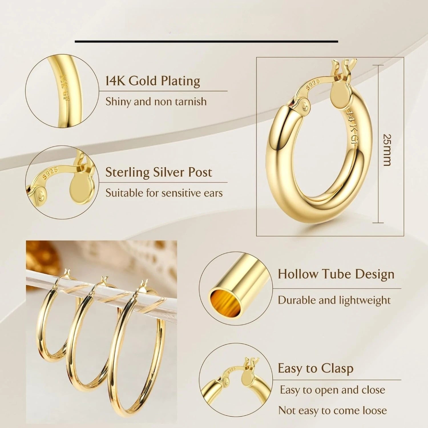 1 Pairs 14K Gold Plated Chunky Hollow Tube Hoop Earring Set with 925 Sterling Silver Posts, Hypoallergenic Lightweight 4mm Thick Large Statement Hoops, Multi Sizes 25/30/40/50/60/70mm, Trendy Piercing Jewellery for Women