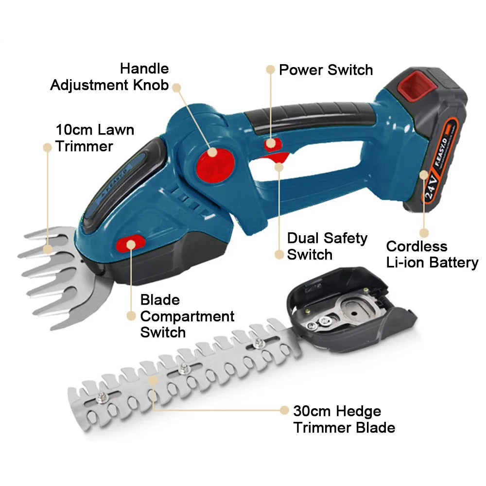 2-in-1 Cordless Hedge Trimmer & Grass Shears 24V Handheld Electric Shrub Trimmer with 90° Rotating Head 30cm+10cm Blades Dual Safety Switch Lightweight 2.4lbs Garden Tool