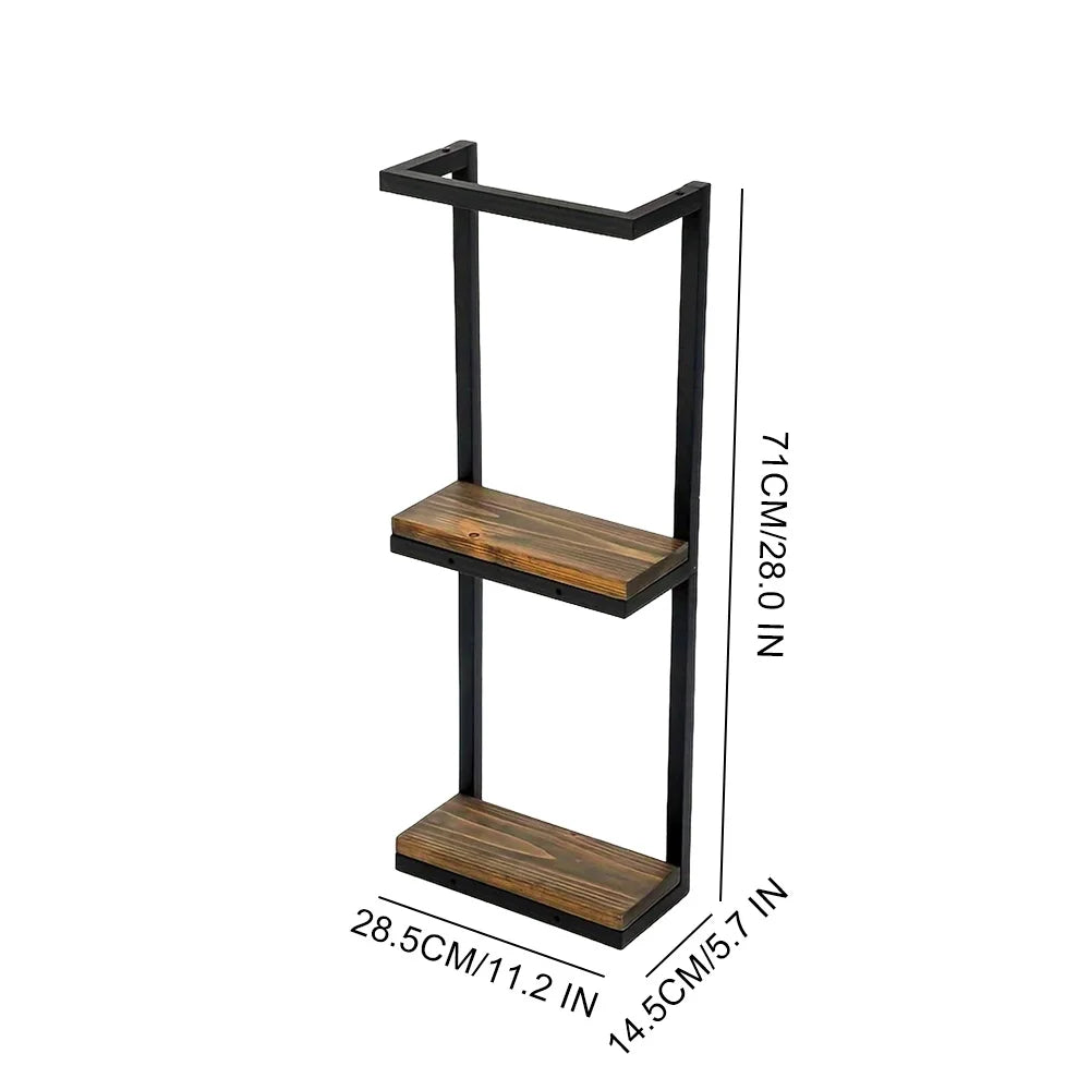 2-Tier Bathroom Towel Rack Wall Mounted Wooden Metal Towel Storage Organizer with Shelf Towel Holder for Home Bathroom Space Saving