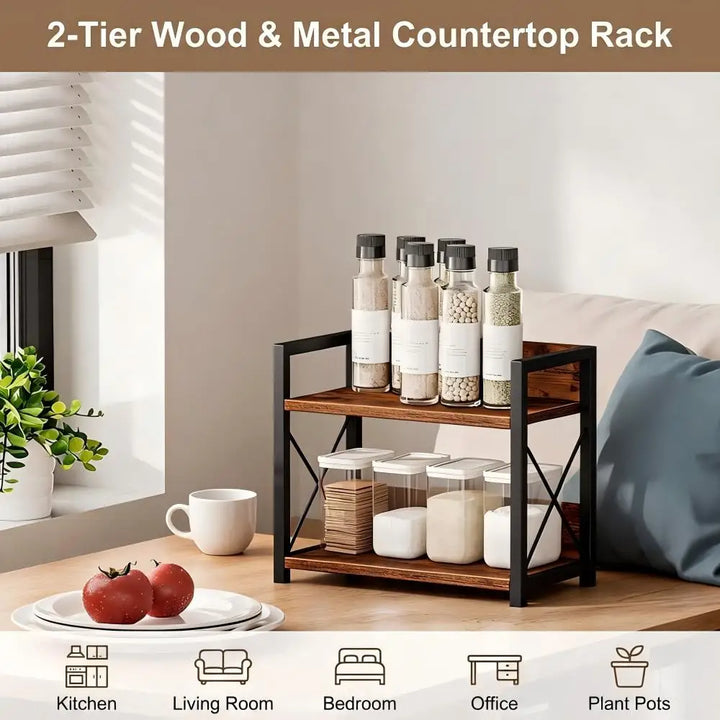 2 Tier Multifunctional Storage Rack Kitchen Spice Jars Shelf Metal Wood Countertop Organizer Stand for Pantry Bathroom Vanity Desktop