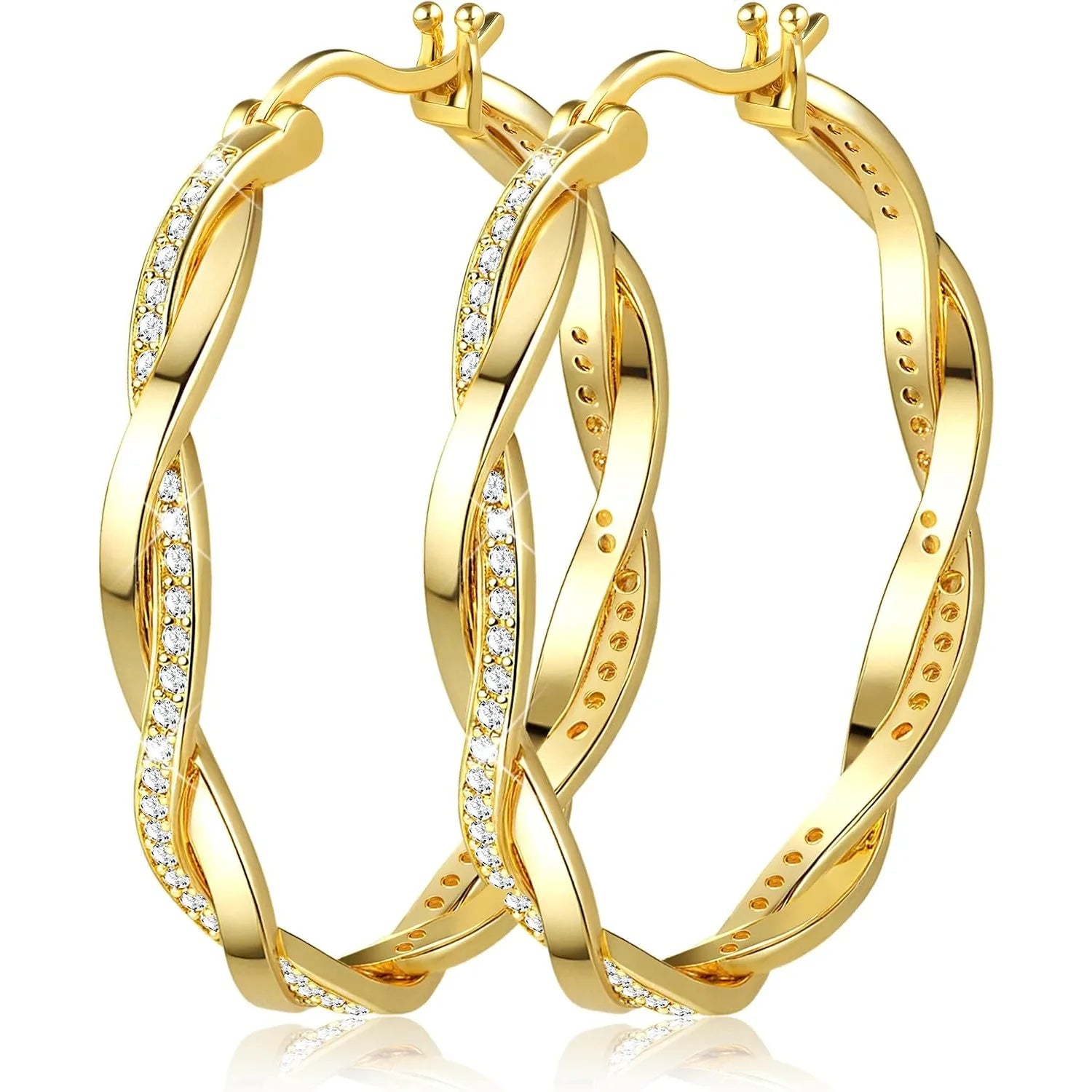 1 Pairs Gold Plated Twisted Creole Hoop Earring Set with 925 Sterling Silver Posts, Sparkly Cubic Zirconia Dainty Hoops in Small Medium Large Sizes, Lightweight Hypoallergenic Piercing Jewellery for Women, Versatile Stackable