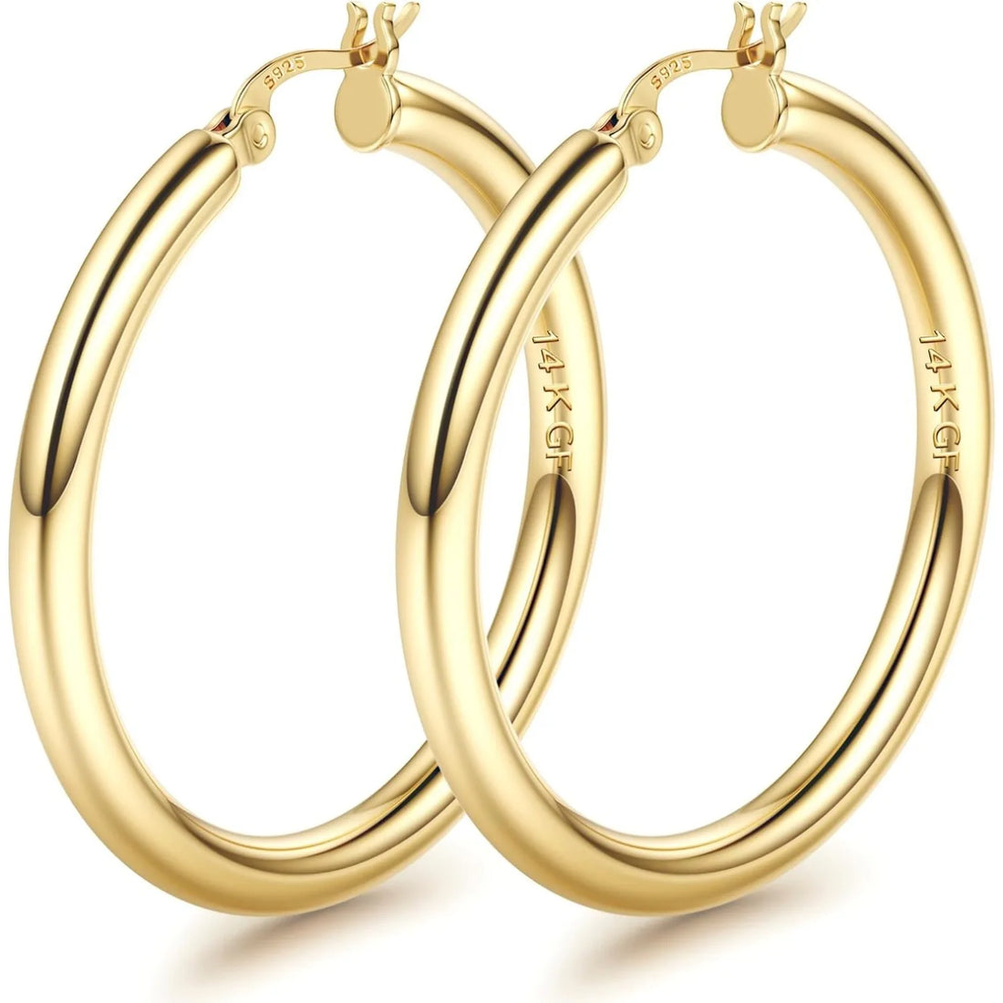 1 Pairs 14K Gold Plated Chunky Hollow Tube Hoop Earring Set with 925 Sterling Silver Posts, Hypoallergenic Lightweight 4mm Thick Large Statement Hoops, Multi Sizes 25/30/40/50/60/70mm, Trendy Piercing Jewellery for Women