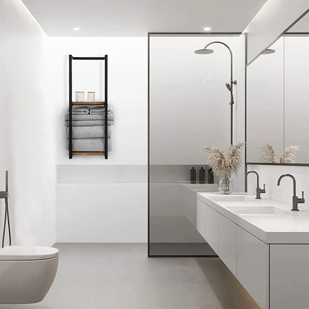 2-Tier Bathroom Towel Rack Wall Mounted Wooden Metal Towel Storage Organizer with Shelf Towel Holder for Home Bathroom Space Saving