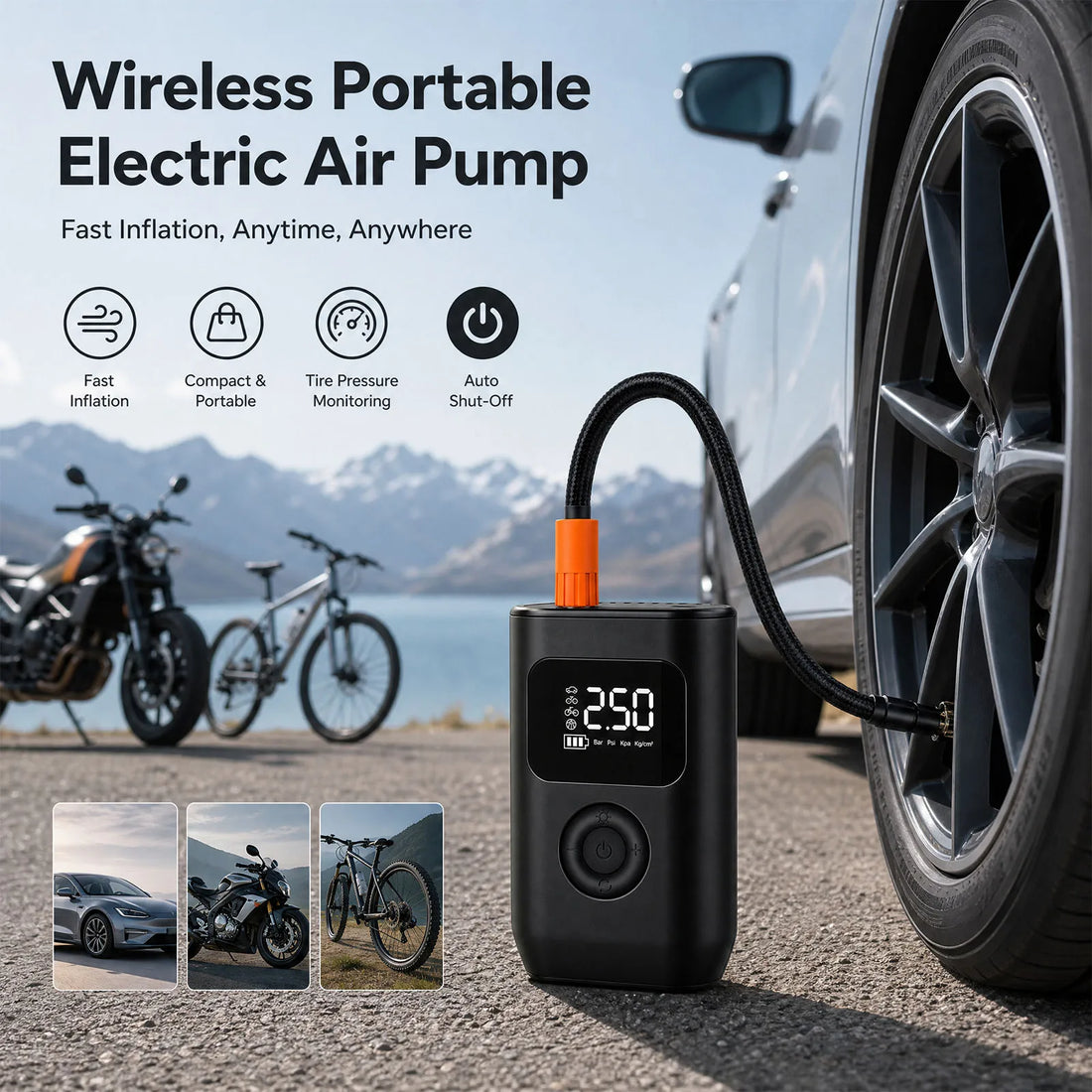 Portable Cordless Electric Air Pump 150PSI Smart Digital Tire Inflator with LED Light Quick Inflation & Auto Stop for Car Motorcycle Bicycle Ball