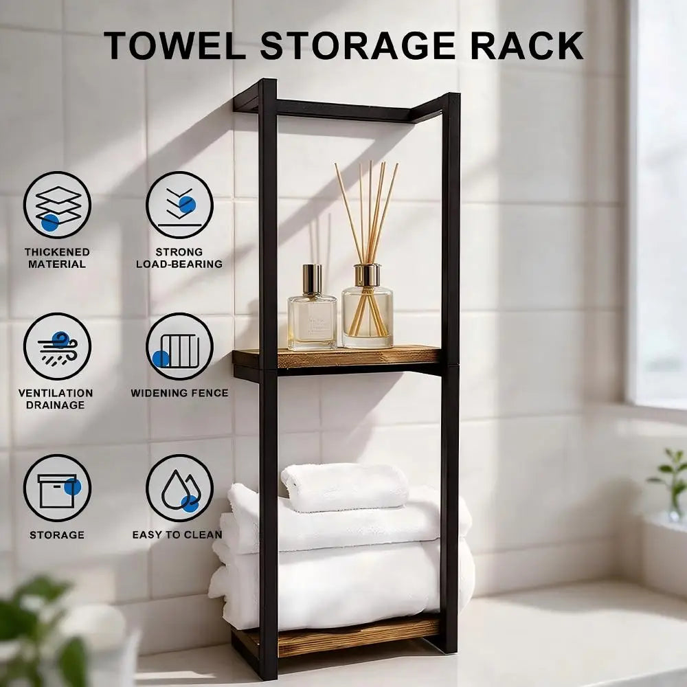 2-Tier Bathroom Towel Rack Wall Mounted Wooden Metal Towel Storage Organizer with Shelf Towel Holder for Home Bathroom Space Saving