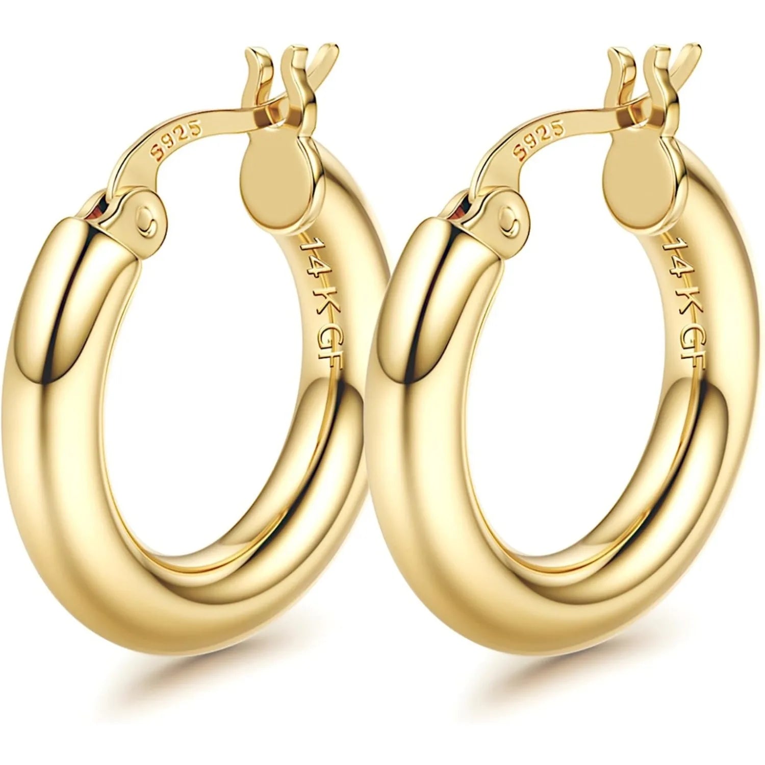 1 Pairs 14K Gold Plated Chunky Hollow Tube Hoop Earring Set with 925 Sterling Silver Posts, Hypoallergenic Lightweight 4mm Thick Large Statement Hoops, Multi Sizes 25/30/40/50/60/70mm, Trendy Piercing Jewellery for Women