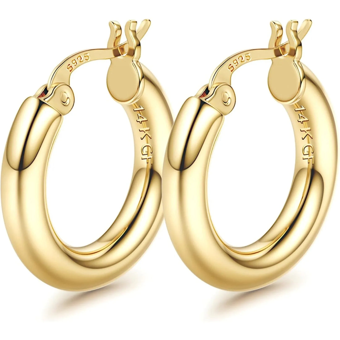 1 Pairs 14K Gold Plated Chunky Hollow Tube Hoop Earring Set with 925 Sterling Silver Posts, Hypoallergenic Lightweight 4mm Thick Large Statement Hoops, Multi Sizes 25/30/40/50/60/70mm, Trendy Piercing Jewellery for Women