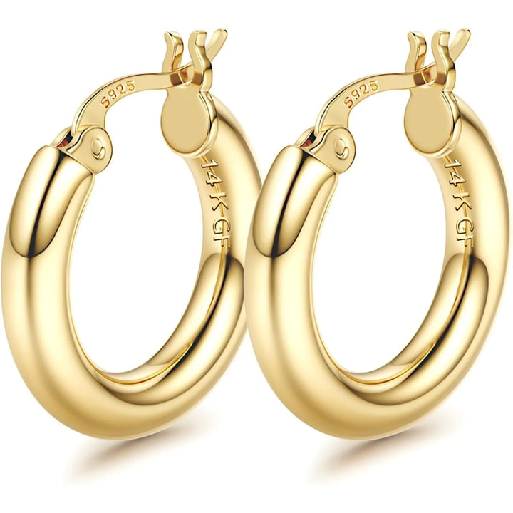 1 Pairs 14K Gold Plated Chunky Hollow Tube Hoop Earring Set with 925 Sterling Silver Posts, Hypoallergenic Lightweight 4mm Thick Large Statement Hoops, Multi Sizes 25/30/40/50/60/70mm, Trendy Piercing Jewellery for Women