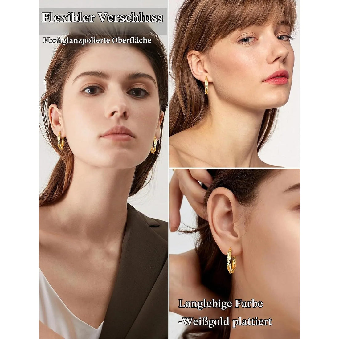 1 Pairs Gold Plated Twisted Creole Hoop Earring Set with 925 Sterling Silver Posts, Sparkly Cubic Zirconia Dainty Hoops in Small Medium Large Sizes, Lightweight Hypoallergenic Piercing Jewellery for Women, Versatile Stackable