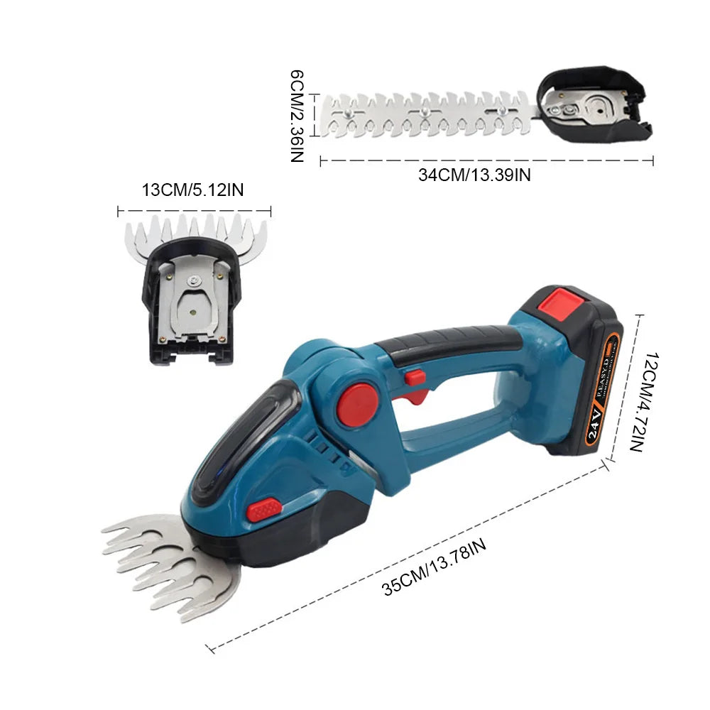 2-in-1 Cordless Hedge Trimmer & Grass Shears 24V Handheld Electric Shrub Trimmer with 90° Rotating Head 30cm+10cm Blades Dual Safety Switch Lightweight 2.4lbs Garden Tool