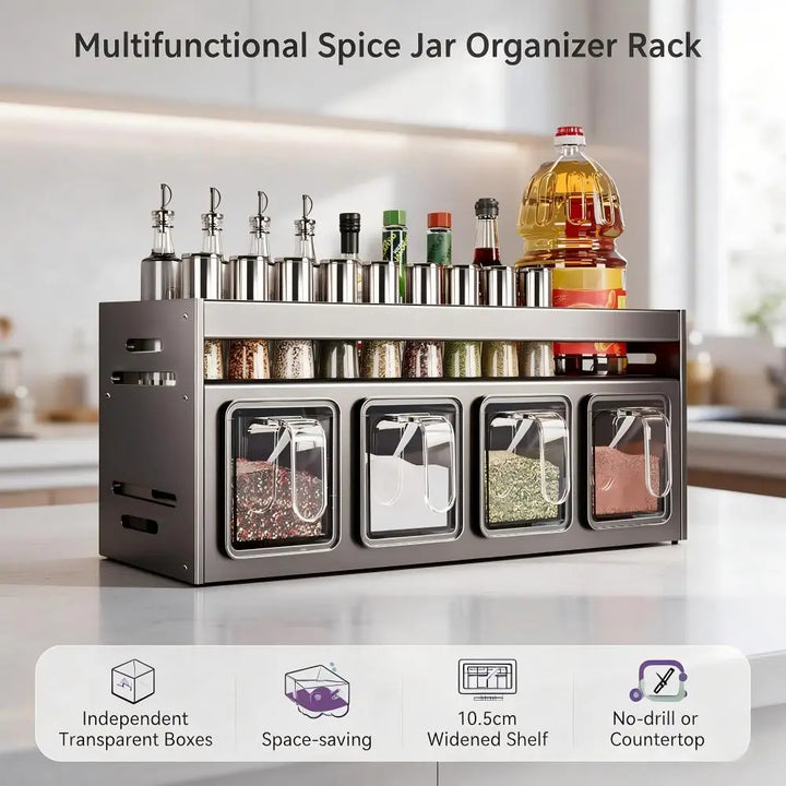 Wall Mounted & Countertop Spice Organizer Rack Multifunctional Kitchen Seasoning Shelf with Hooks Space Aluminum No Drill Storage for Jars Bottles