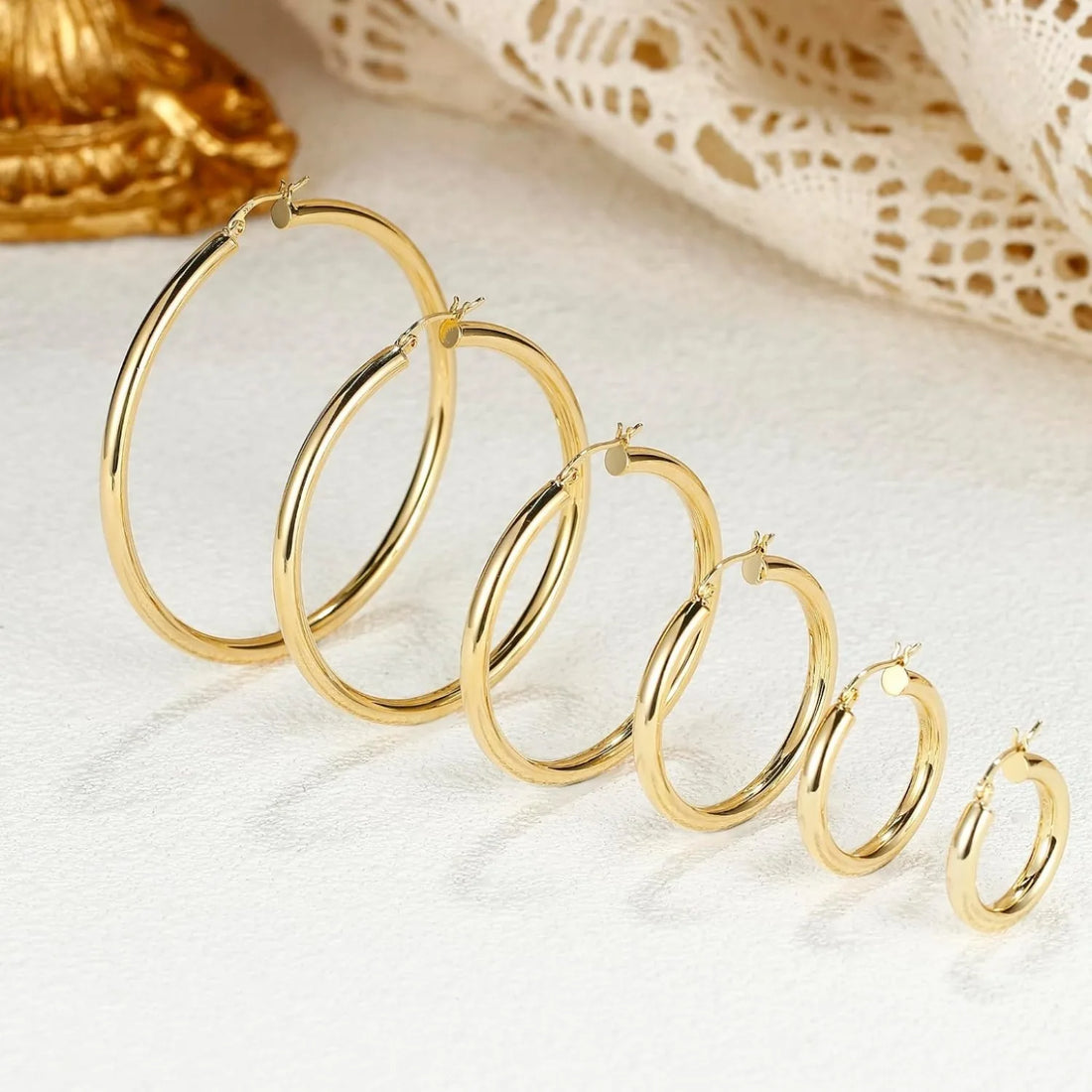1 Pairs 14K Gold Plated Chunky Hollow Tube Hoop Earring Set with 925 Sterling Silver Posts, Hypoallergenic Lightweight 4mm Thick Large Statement Hoops, Multi Sizes 25/30/40/50/60/70mm, Trendy Piercing Jewellery for Women