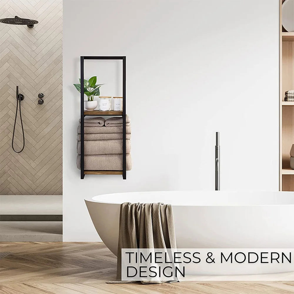 2-Tier Bathroom Towel Rack Wall Mounted Wooden Metal Towel Storage Organizer with Shelf Towel Holder for Home Bathroom Space Saving
