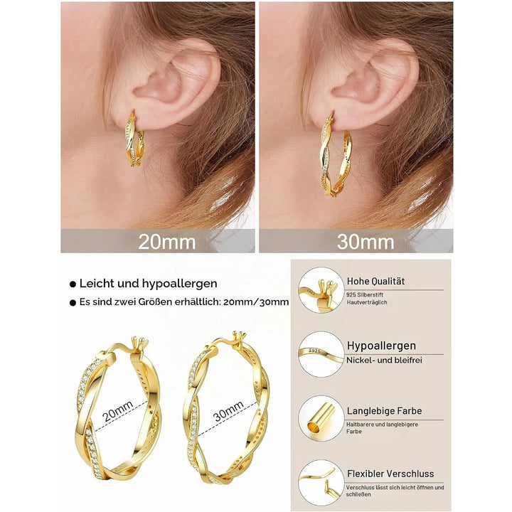 1 Pairs Gold Plated Twisted Creole Hoop Earring Set with 925 Sterling Silver Posts, Sparkly Cubic Zirconia Dainty Hoops in Small Medium Large Sizes, Lightweight Hypoallergenic Piercing Jewellery for Women, Versatile Stackable
