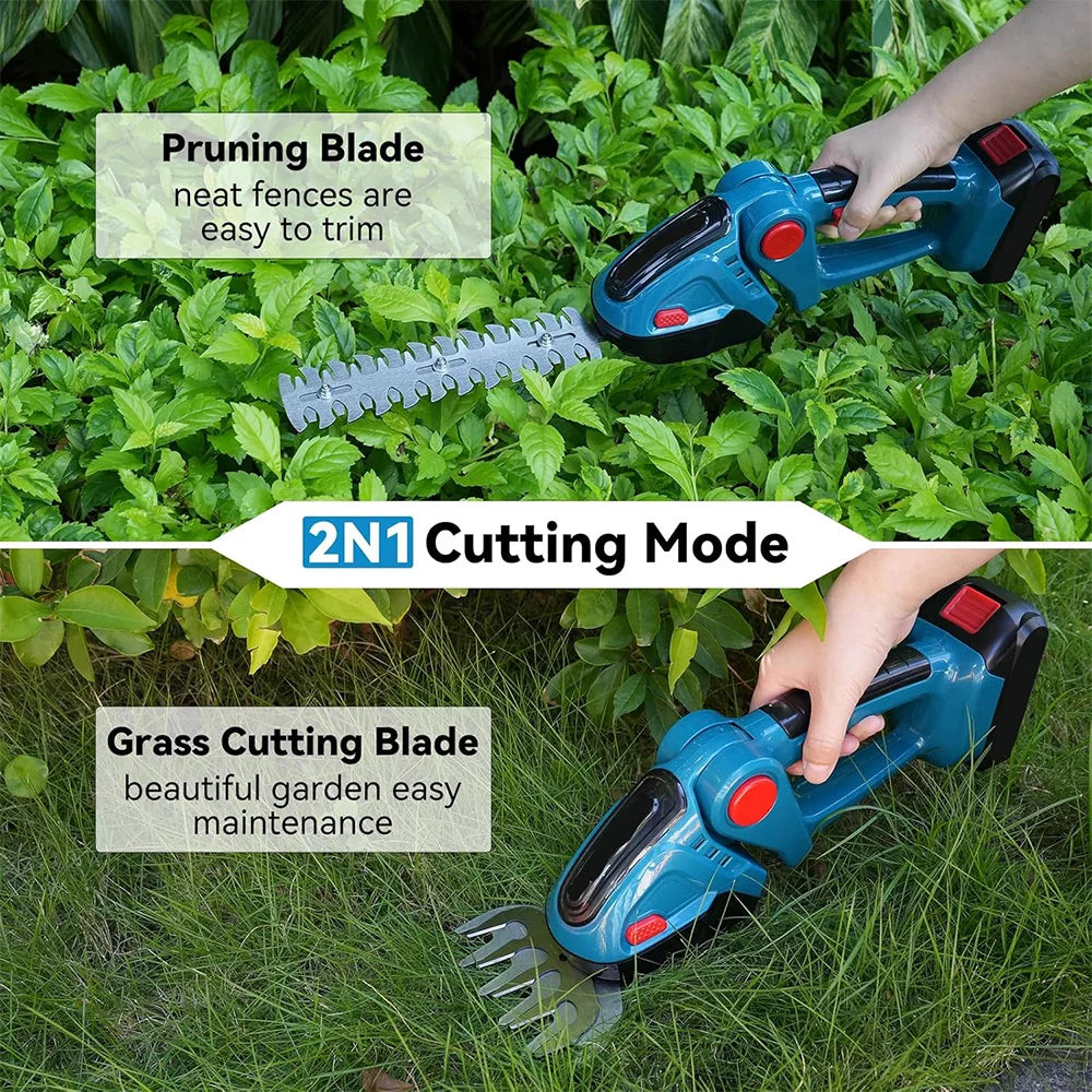 2-in-1 Cordless Hedge Trimmer & Grass Shears 24V Handheld Electric Shrub Trimmer with 90° Rotating Head 30cm+10cm Blades Dual Safety Switch Lightweight 2.4lbs Garden Tool