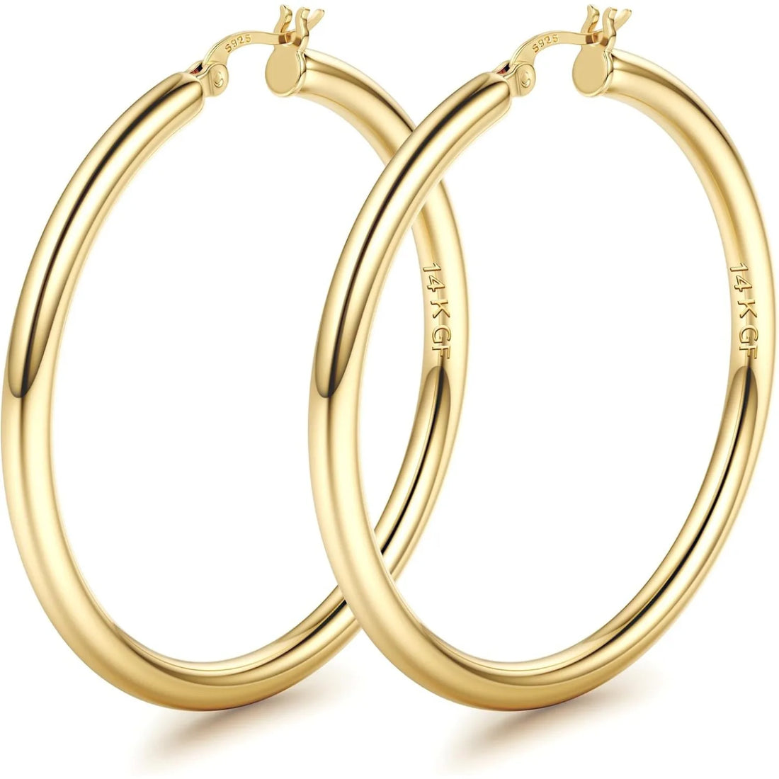 1 Pairs 14K Gold Plated Chunky Hollow Tube Hoop Earring Set with 925 Sterling Silver Posts, Hypoallergenic Lightweight 4mm Thick Large Statement Hoops, Multi Sizes 25/30/40/50/60/70mm, Trendy Piercing Jewellery for Women
