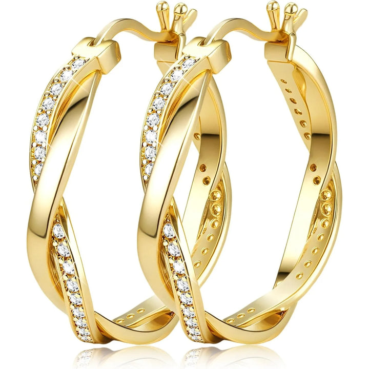 1 Pairs Gold Plated Twisted Creole Hoop Earring Set with 925 Sterling Silver Posts, Sparkly Cubic Zirconia Dainty Hoops in Small Medium Large Sizes, Lightweight Hypoallergenic Piercing Jewellery for Women, Versatile Stackable
