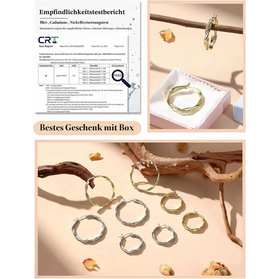 1 Pairs Gold Plated Twisted Creole Hoop Earring Set with 925 Sterling Silver Posts, Sparkly Cubic Zirconia Dainty Hoops in Small Medium Large Sizes, Lightweight Hypoallergenic Piercing Jewellery for Women, Versatile Stackable