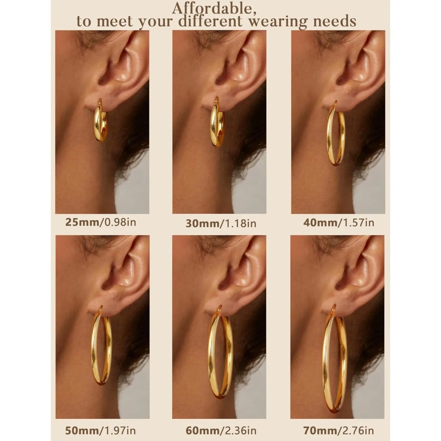 1 Pairs 14K Gold Plated Chunky Hollow Tube Hoop Earring Set with 925 Sterling Silver Posts, Hypoallergenic Lightweight 4mm Thick Large Statement Hoops, Multi Sizes 25/30/40/50/60/70mm, Trendy Piercing Jewellery for Women