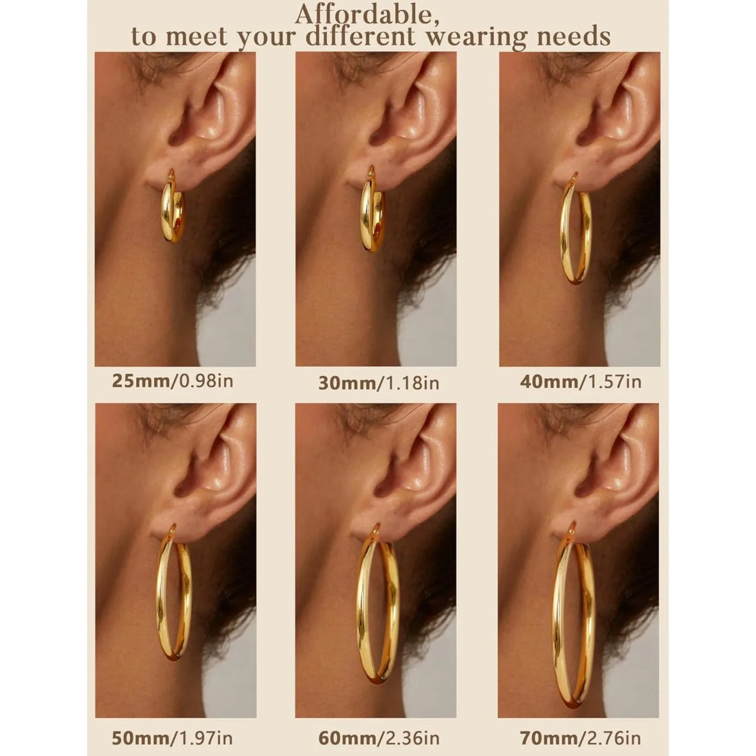 1 Pairs 14K Gold Plated Chunky Hollow Tube Hoop Earring Set with 925 Sterling Silver Posts, Hypoallergenic Lightweight 4mm Thick Large Statement Hoops, Multi Sizes 25/30/40/50/60/70mm, Trendy Piercing Jewellery for Women