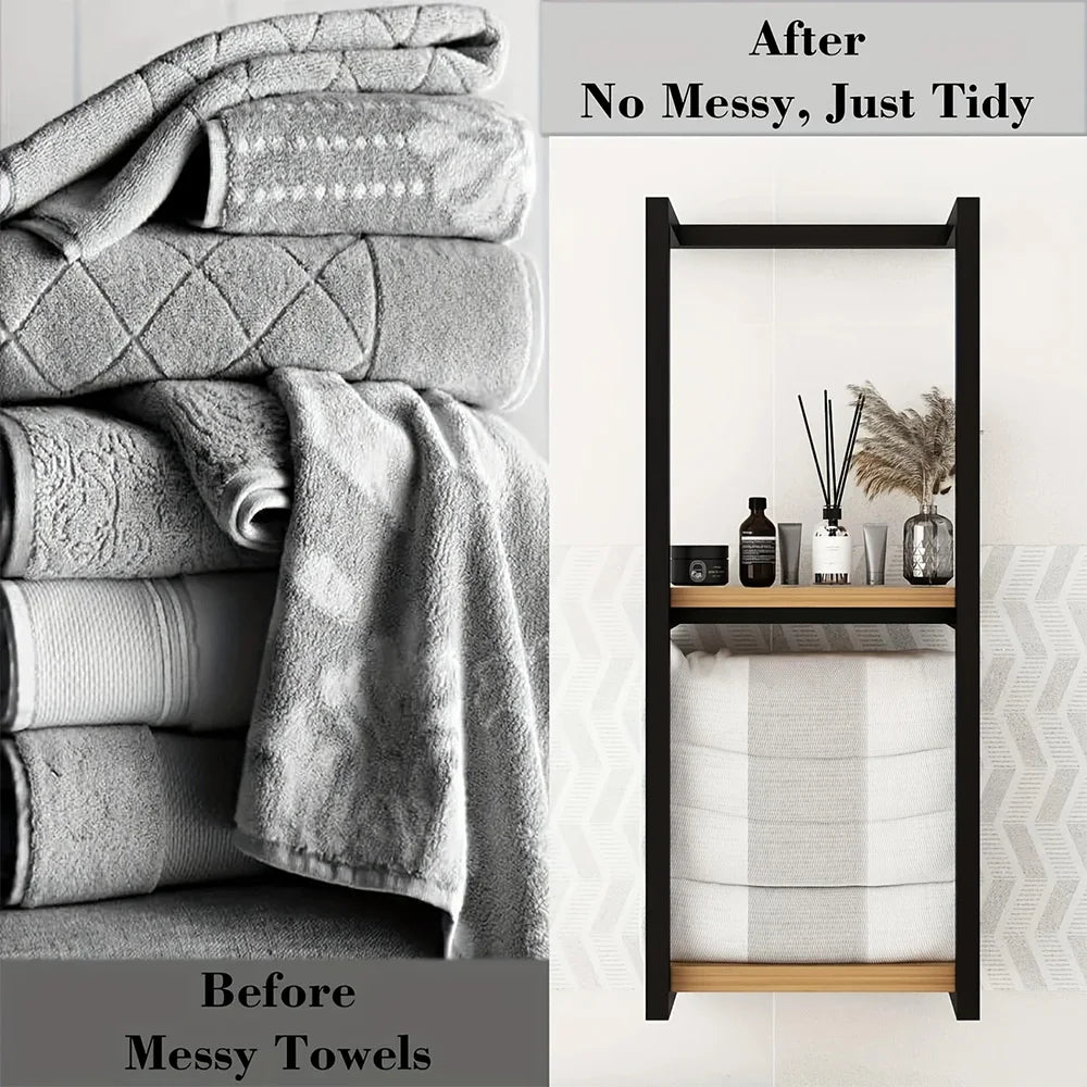 2-Tier Bathroom Towel Rack Wall Mounted Wooden Metal Towel Storage Organizer with Shelf Towel Holder for Home Bathroom Space Saving