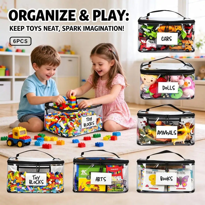 6-Pack Large Toy Storage Bags Clear TPU Waterproof Organizer with Mesh Pockets & Name Tags Multifunctional Storage Bags for Building Blocks Puzzles Dolls Books Travel