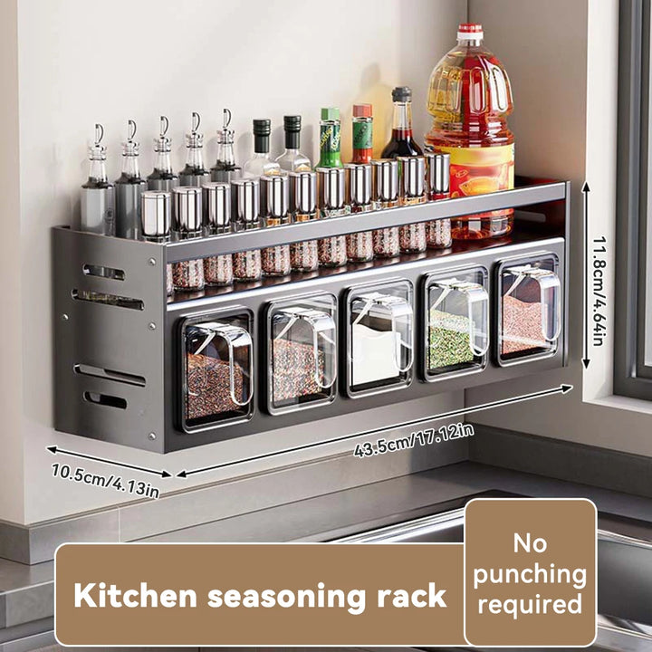 Wall Mounted & Countertop Spice Organizer Rack Multifunctional Kitchen Seasoning Shelf with Hooks Space Aluminum No Drill Storage for Jars Bottles