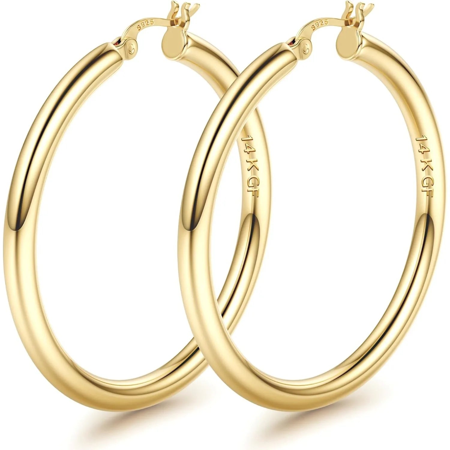 1 Pairs 14K Gold Plated Chunky Hollow Tube Hoop Earring Set with 925 Sterling Silver Posts, Hypoallergenic Lightweight 4mm Thick Large Statement Hoops, Multi Sizes 25/30/40/50/60/70mm, Trendy Piercing Jewellery for Women