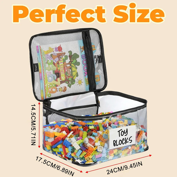 6-Pack Large Toy Storage Bags Clear TPU Waterproof Organizer with Mesh Pockets & Name Tags Multifunctional Storage Bags for Building Blocks Puzzles Dolls Books Travel