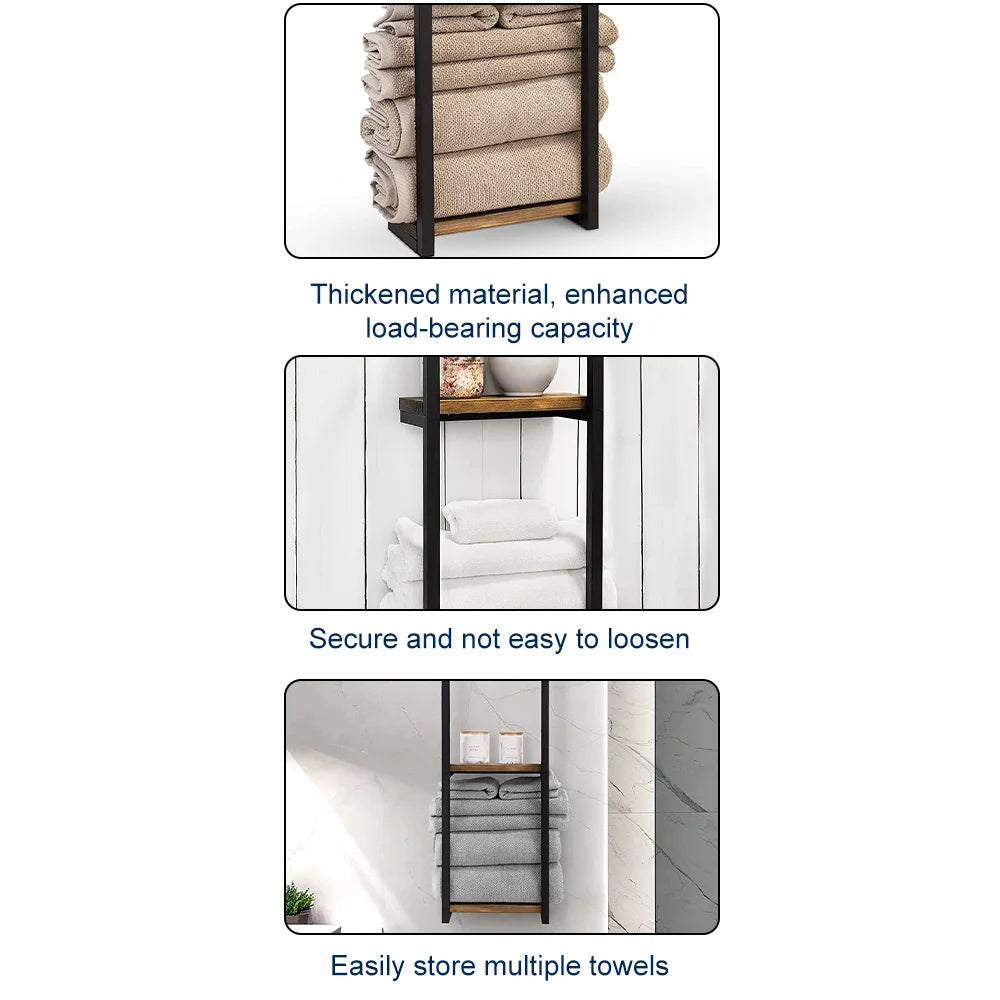 2-Tier Bathroom Towel Rack Wall Mounted Wooden Metal Towel Storage Organizer with Shelf Towel Holder for Home Bathroom Space Saving
