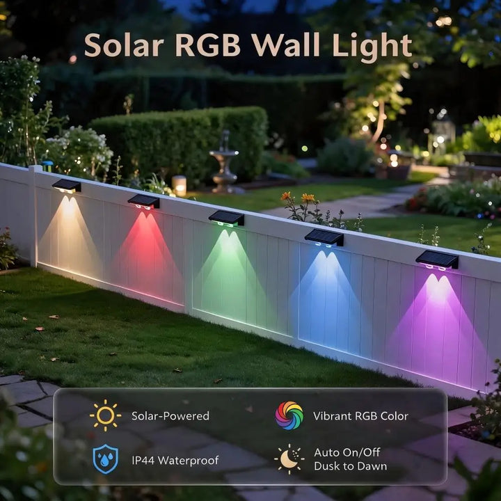 8PCS RGB Solar Fence Wall Lights Outdoor Waterproof IP44 Automatic Dusk to Dawn LED Wall Lamp for Garden Yard Patio Steps Decor