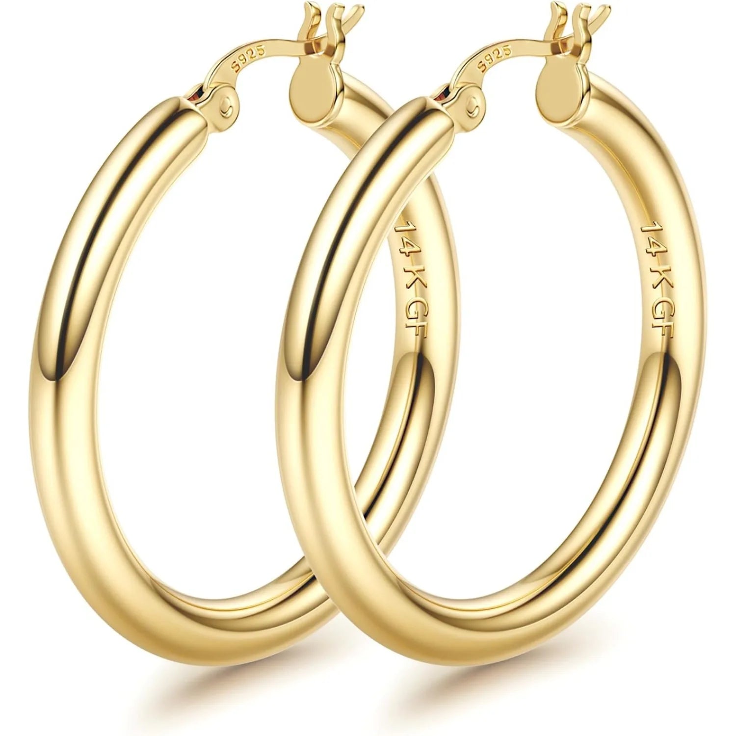 1 Pairs 14K Gold Plated Chunky Hollow Tube Hoop Earring Set with 925 Sterling Silver Posts, Hypoallergenic Lightweight 4mm Thick Large Statement Hoops, Multi Sizes 25/30/40/50/60/70mm, Trendy Piercing Jewellery for Women