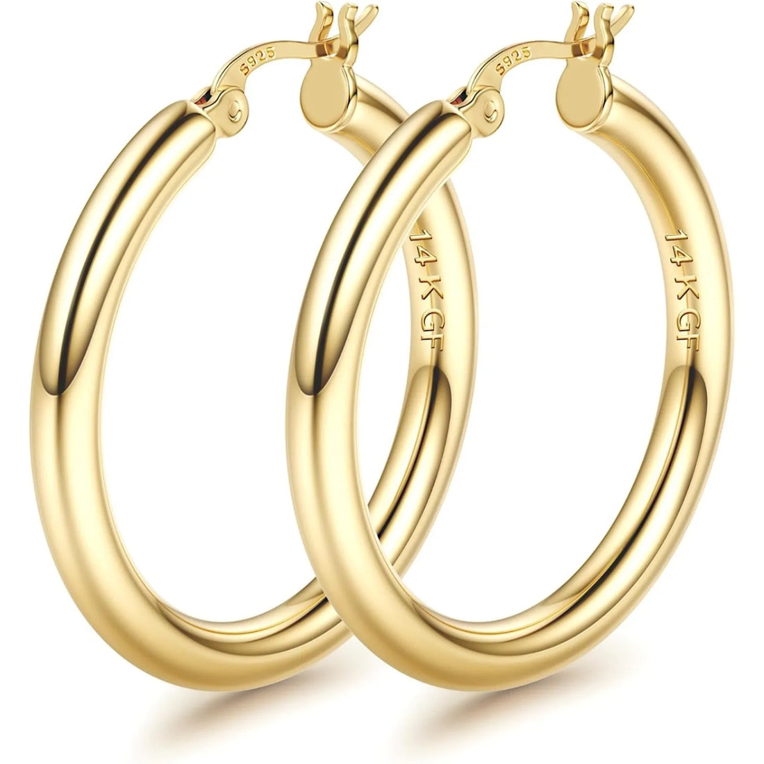 1 Pairs 14K Gold Plated Chunky Hollow Tube Hoop Earring Set with 925 Sterling Silver Posts, Hypoallergenic Lightweight 4mm Thick Large Statement Hoops, Multi Sizes 25/30/40/50/60/70mm, Trendy Piercing Jewellery for Women