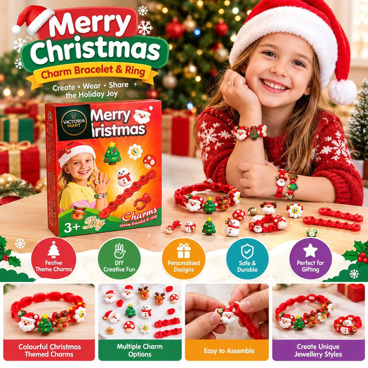 Christmas Charm Bracelet Making Kit for Kids, Festive DIY Jewellery Craft Set with Santa Snowman Christmas Tree Charms