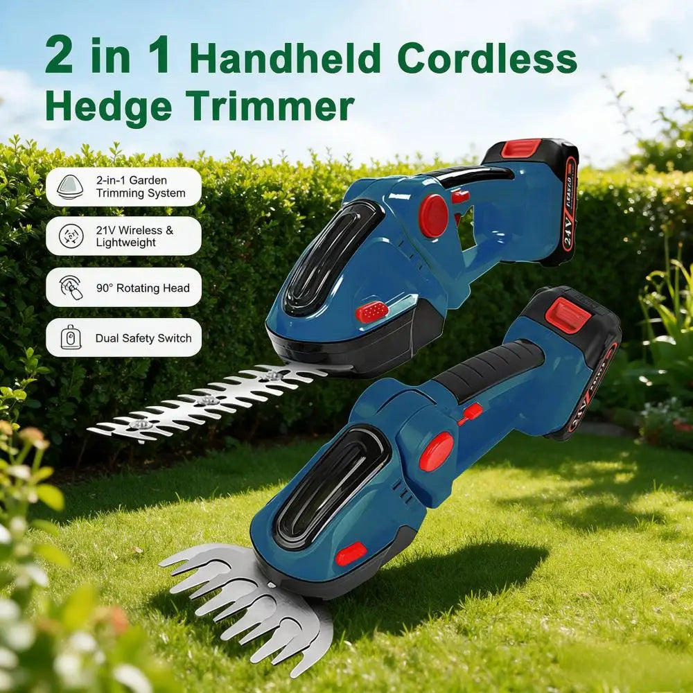 2-in-1 Cordless Hedge Trimmer & Grass Shears 24V Handheld Electric Shrub Trimmer with 90° Rotating Head 30cm+10cm Blades Dual Safety Switch Lightweight 2.4lbs Garden Tool