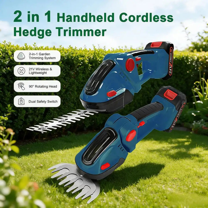 2-in-1 Cordless Hedge Trimmer & Grass Shears 24V Handheld Electric Shrub Trimmer with 90° Rotating Head 30cm+10cm Blades Dual Safety Switch Lightweight 2.4lbs Garden Tool