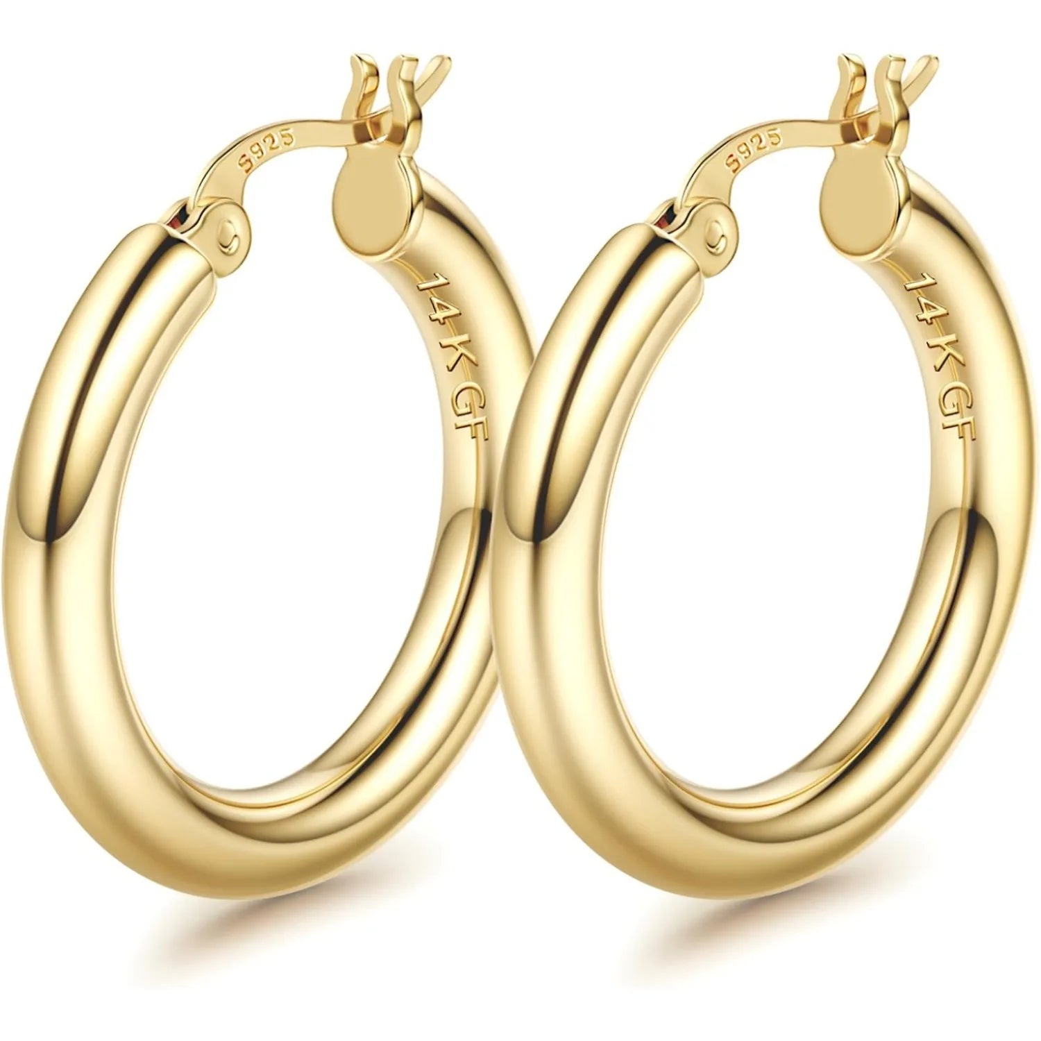 1 Pairs 14K Gold Plated Chunky Hollow Tube Hoop Earring Set with 925 Sterling Silver Posts, Hypoallergenic Lightweight 4mm Thick Large Statement Hoops, Multi Sizes 25/30/40/50/60/70mm, Trendy Piercing Jewellery for Women