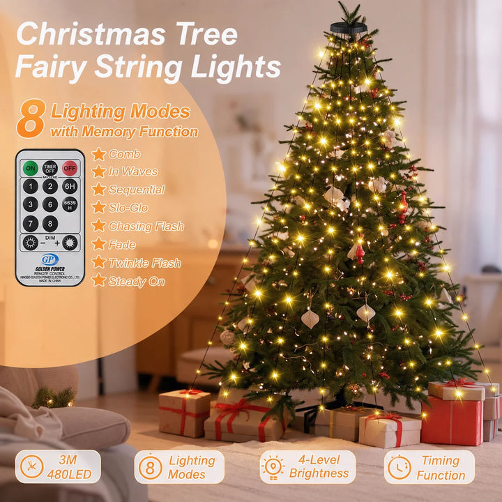 3M 480LED Christmas Tree Lights with 5M Lead Cable Remote Control 8 Modes 4-Level Brightness Timer 4.5V Low Voltage Waterproof String Lights for 2.5-3.5M Tree Xmas Decor