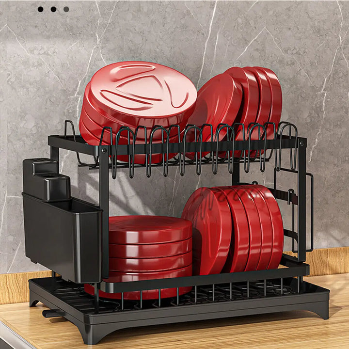 2 Tier Kitchen Dish Drying Rack Rustproof Carbon Steel Large Capacity Automatic Drain Drainer Adjustable Cutlery Holder Countertop Sink Dish Bowl Plate Organizer