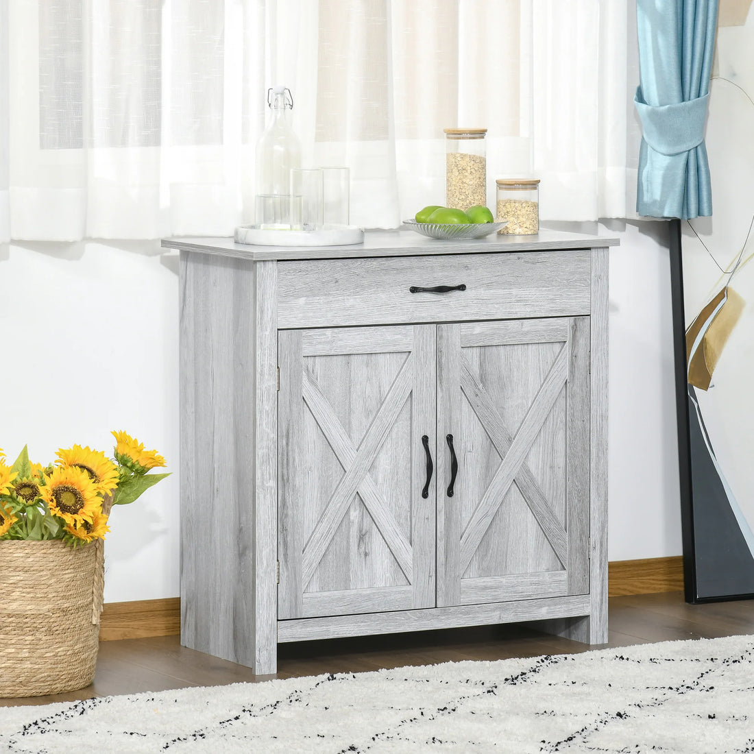 Farmhouse Barn Door Sideboard Accent Buffet Cabinet Coffee Bar Grey Grain