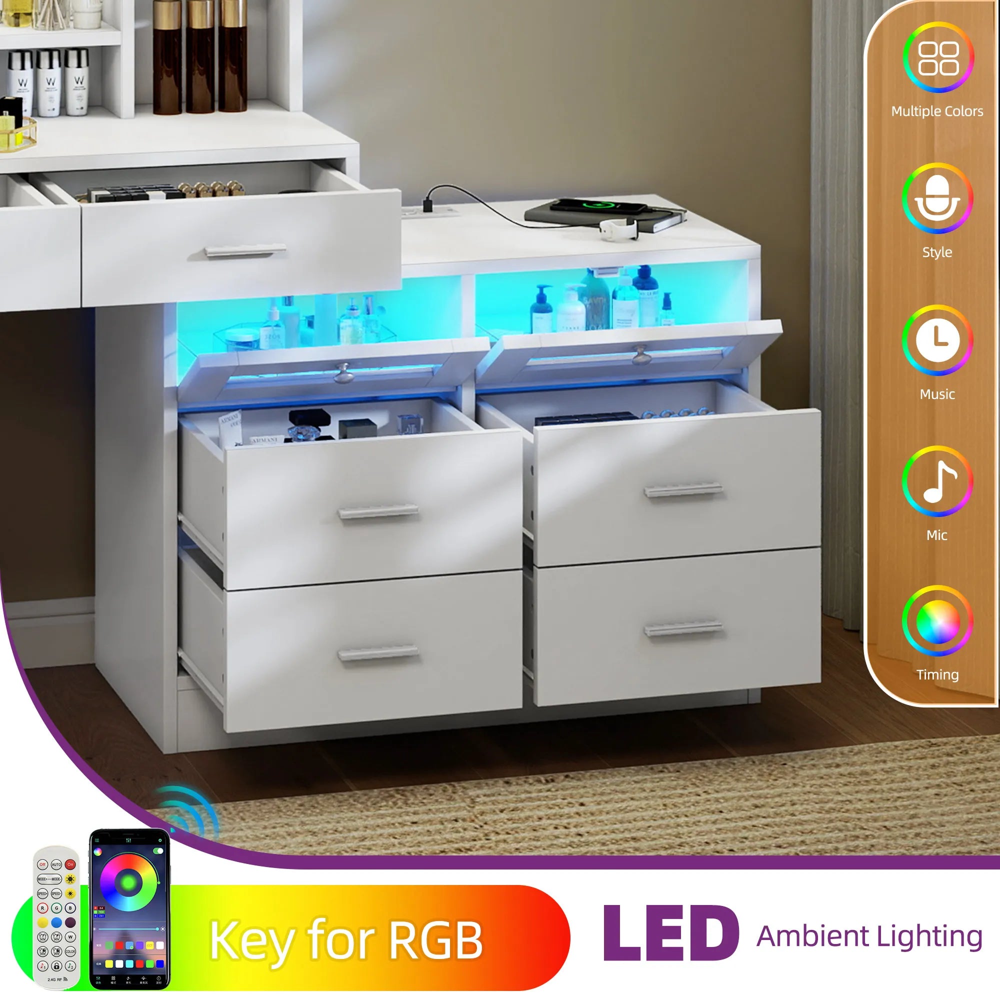 YITAHOME Corner LED Vanity Table with Charging Station Drawers Adjustable Shelves Makeup Desk