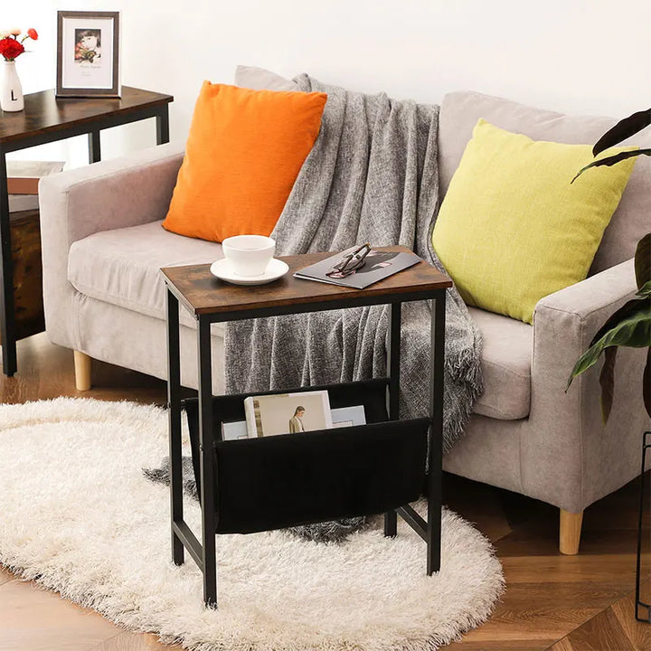 HOOBRO Side Table With Storage Narrow End Table With Magazine Holder Sling Bedside Nightstand Coffee Table For Small Space Brown