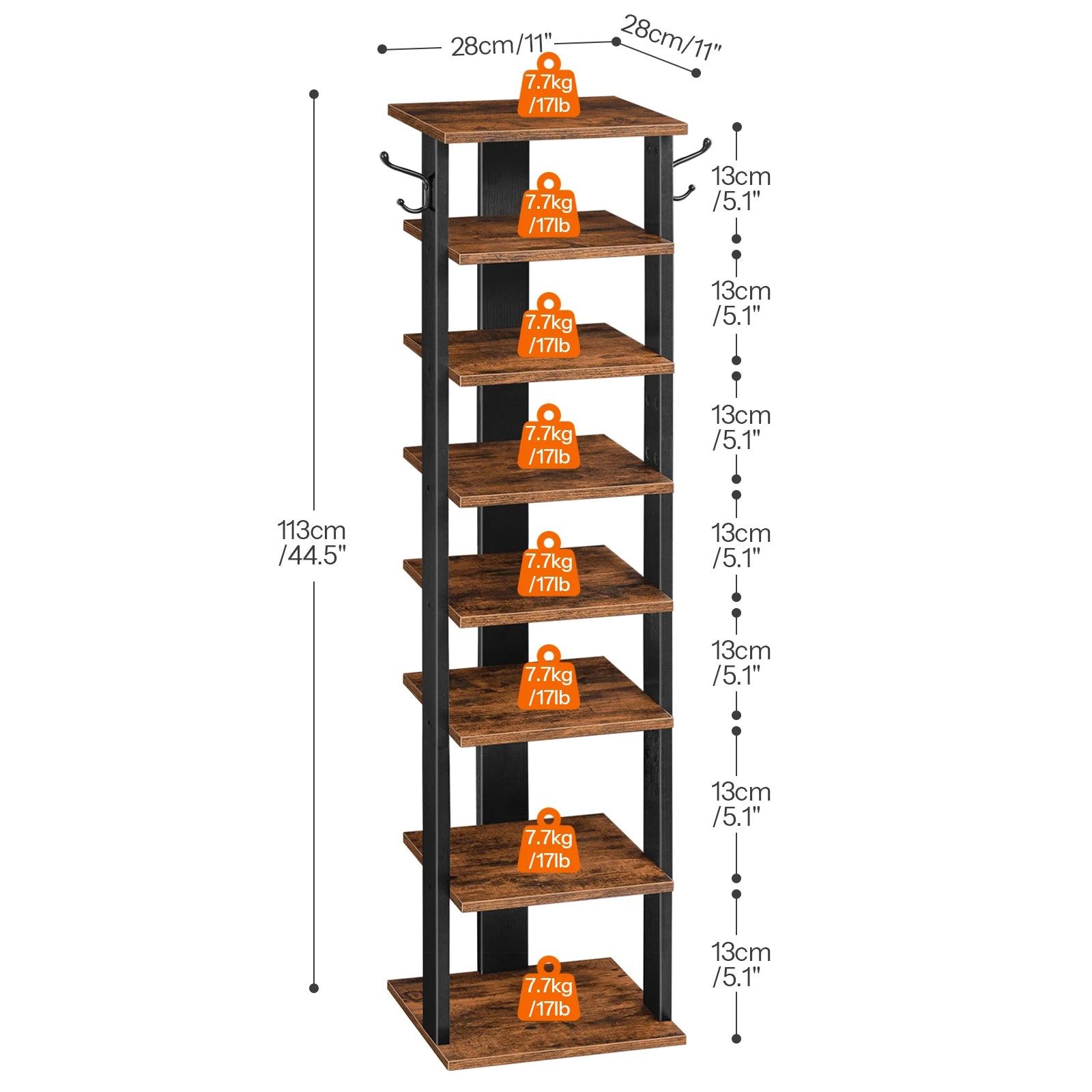 Shoe Rack Wooden, Tall Shoe Rack, Narrow Shoe Storage Organizer with 2 Hooks, Slim Shoe Shelf, Vertical Shoe Tower for Entrance,