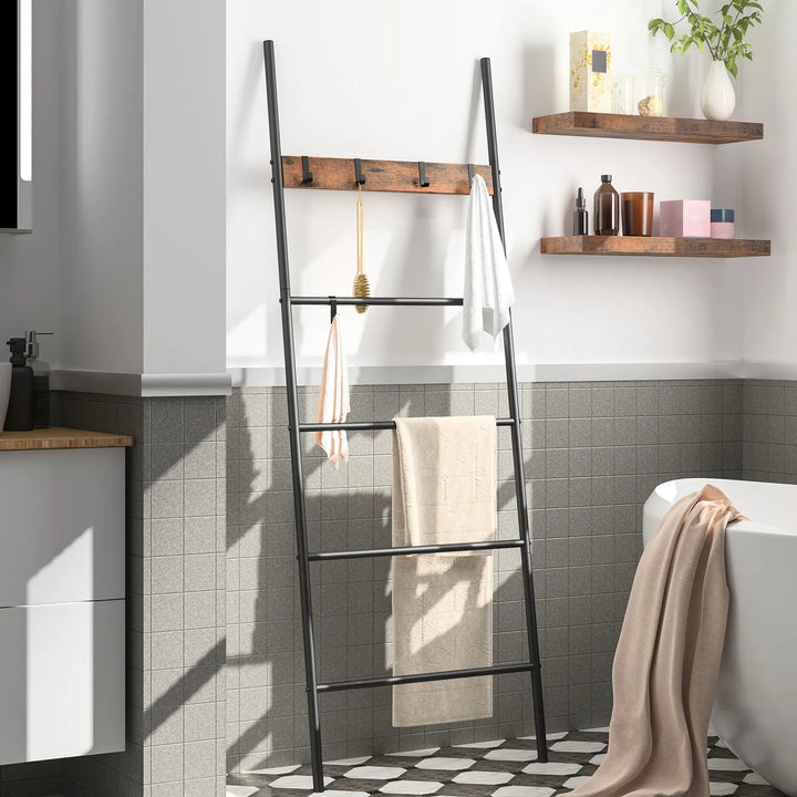 HOOBRO Towel Rack Blanket Ladder Leaning Ladder Rack Bathroom Towel Rack with 5 Crossbars and 5 Hooks Strong Storage Function