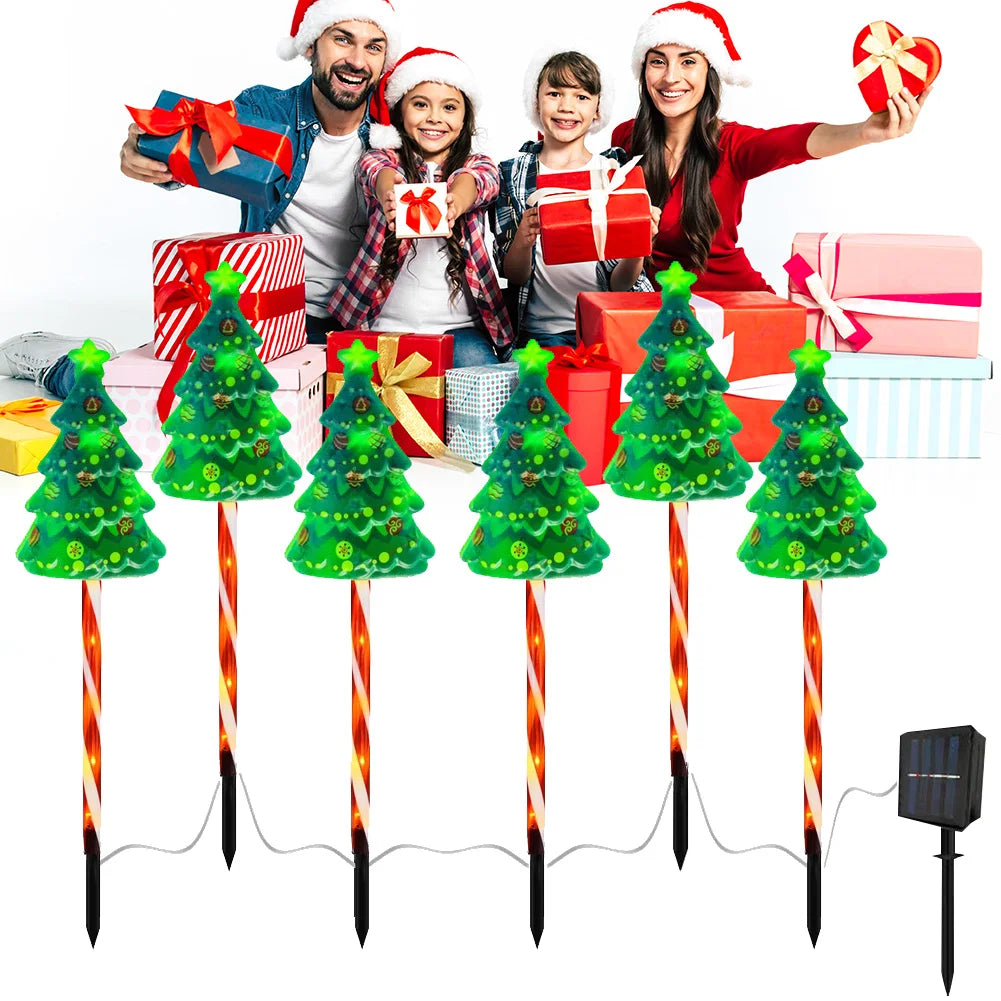 6 Pack Christmas Tree Light IP65 Waterproof LED Solar Powered String Lights Auto On/Off Decorative Pathway Light for Garden Lawn