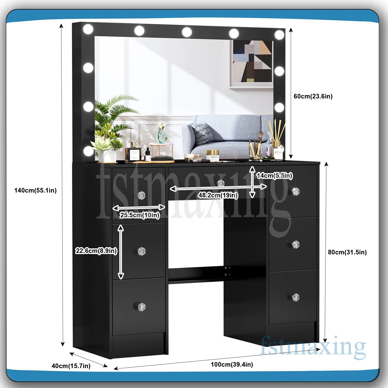 Black Dressing Table With 11 LED Light Mirror 7 Drawers Vanity Table Makeup Desk
