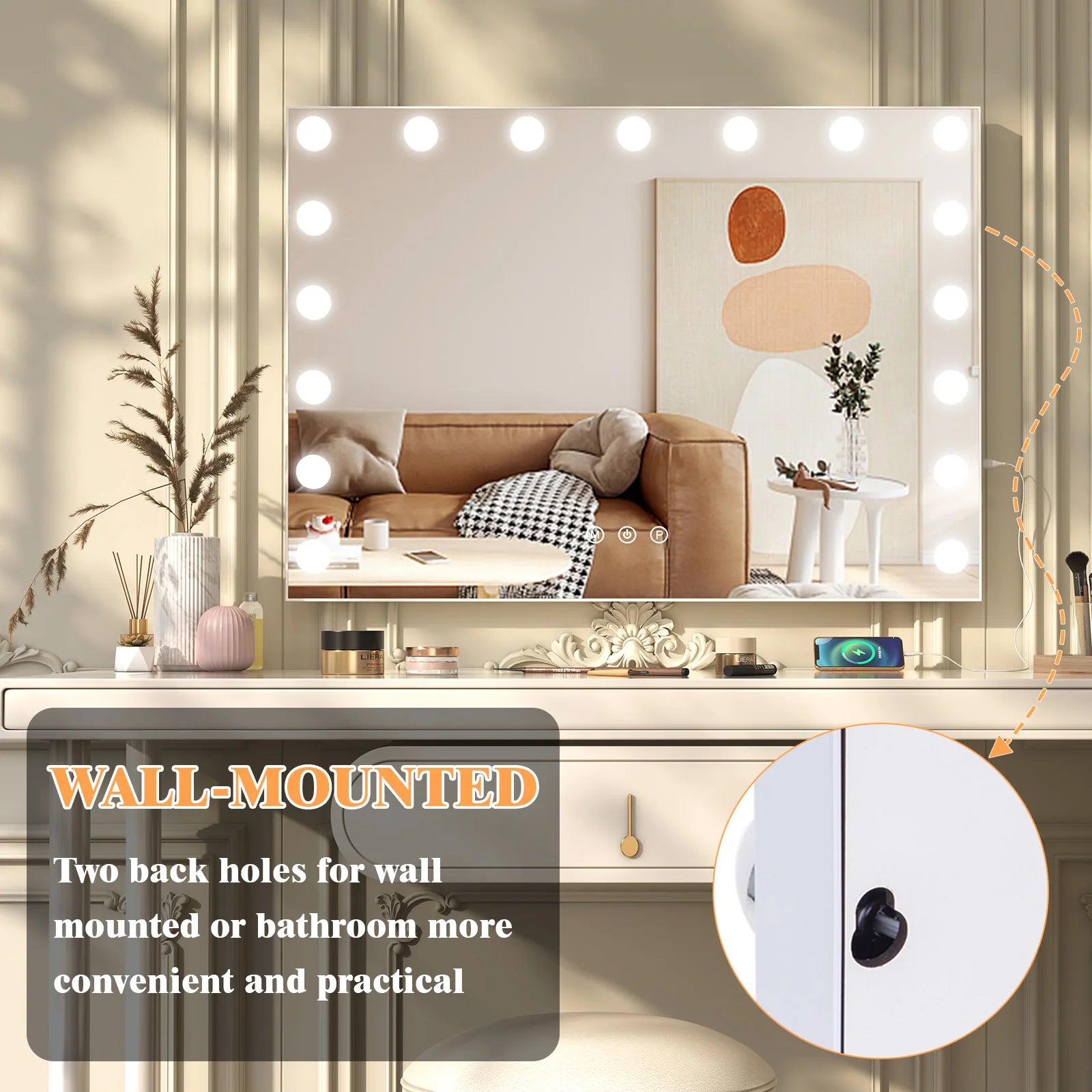 Dimmable LED Makeup Mirror, 10X Magnification, Three-Colour Touchscreen Makeup Mirror with Lighting, USB-Powered Desktop Mirror