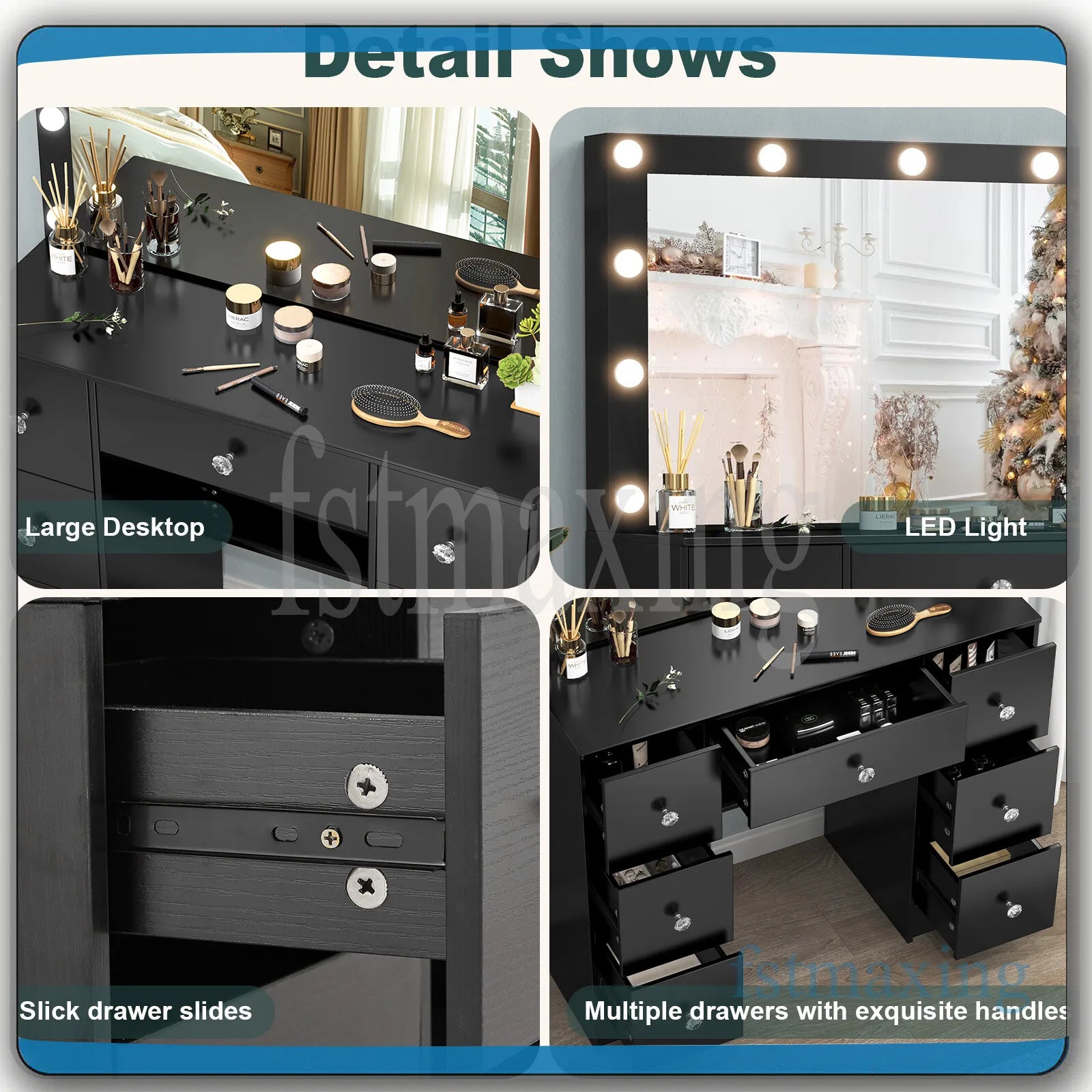 Black Dressing Table With 11 LED Light Mirror 7 Drawers Vanity Table Makeup Desk